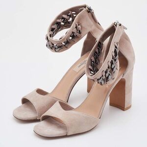 Valentino Beige Suede Chain Link Women’s Ankle Strap Heeled Sandals